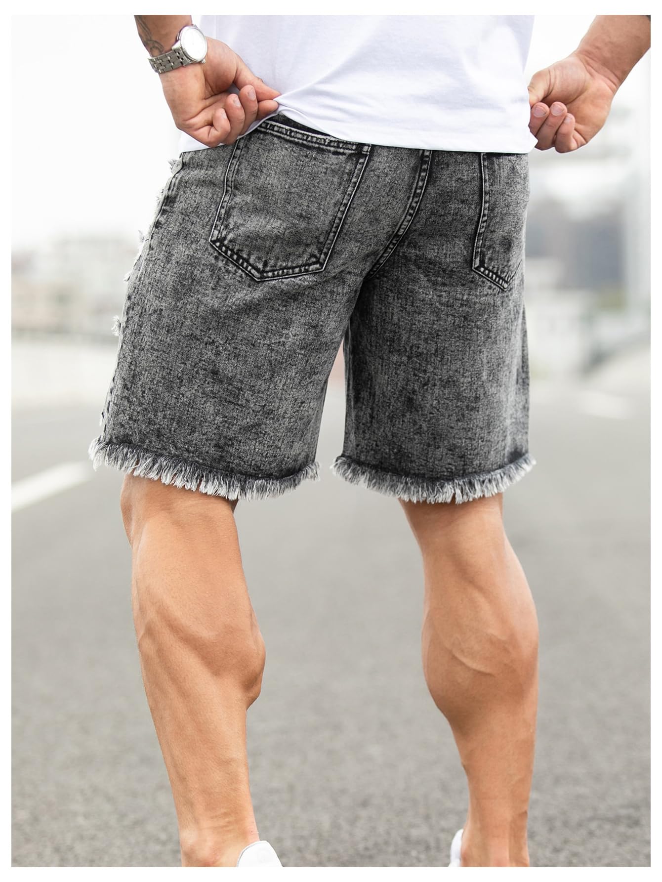 Men's Ripped Raw Hem Denim Shorts