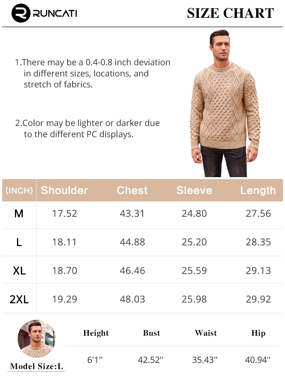 EBXN Mens Cable Knitted Pullover Sweater