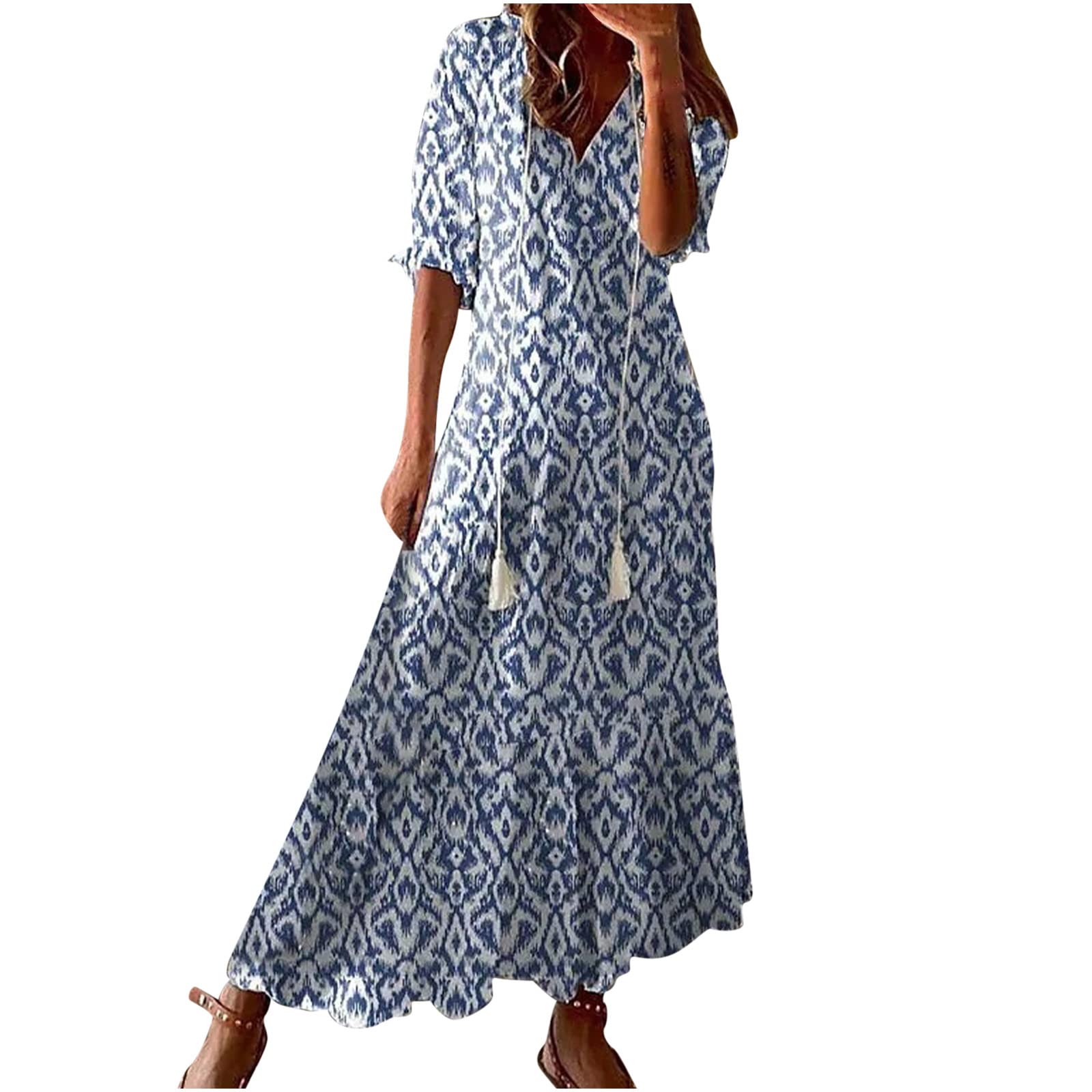 EBXN Vestidos largos de manga corta, con cuello en V
