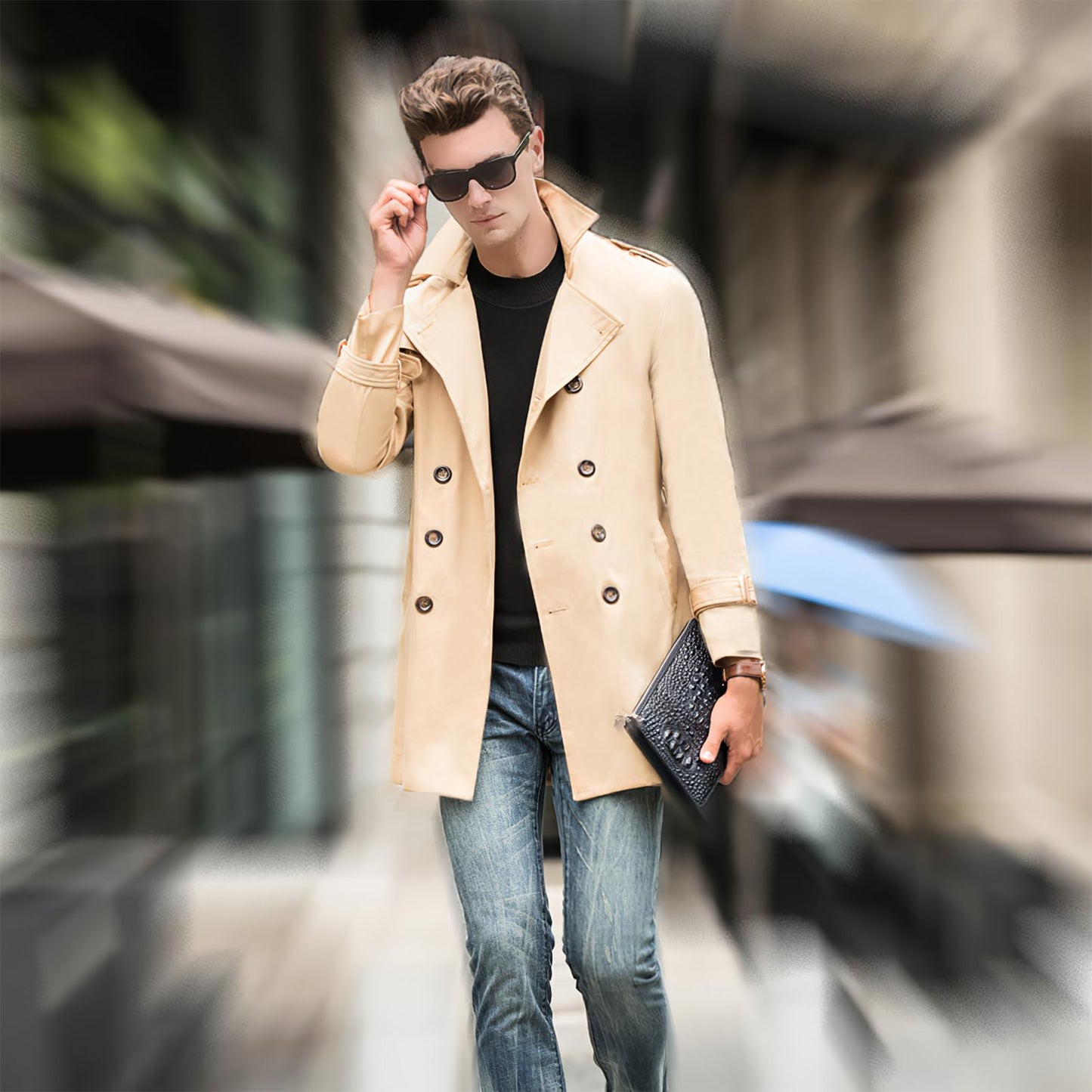 eBexxin - Men's Double Breasted Windbreaker Coat