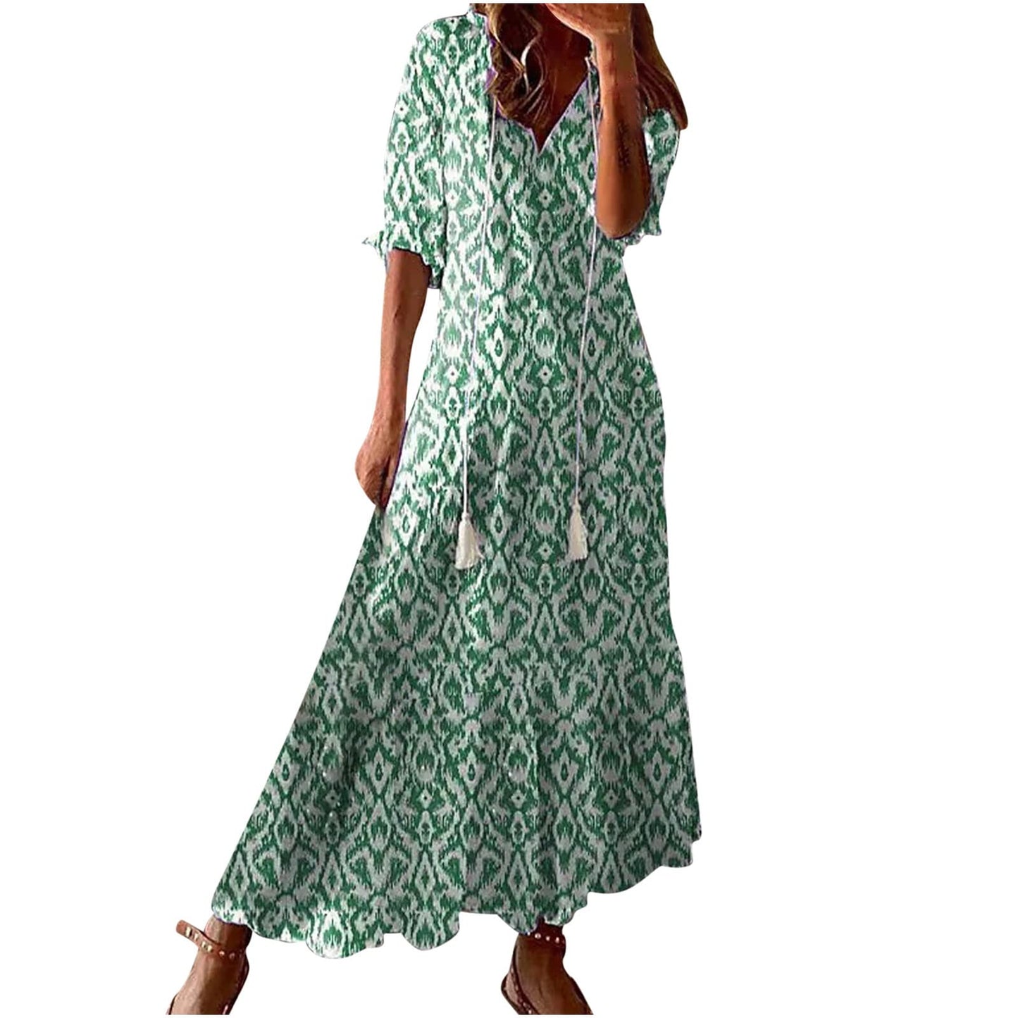 EBXN Vestidos largos de manga corta, con cuello en V