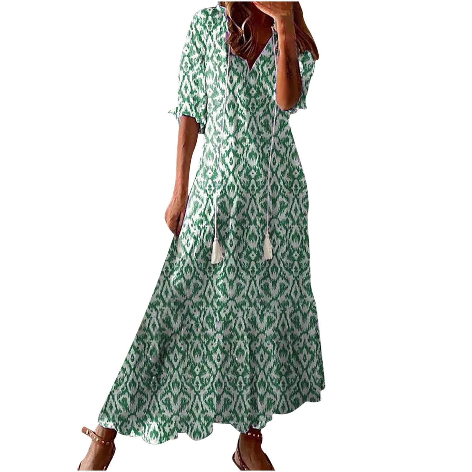 EBXN Vestidos largos de manga corta, con cuello en V