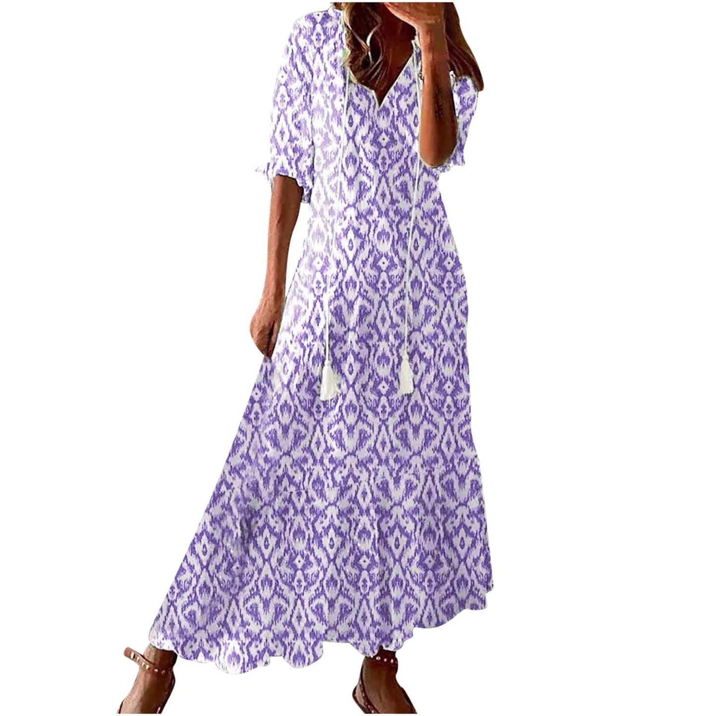 EBXN Vestidos largos de manga corta, con cuello en V
